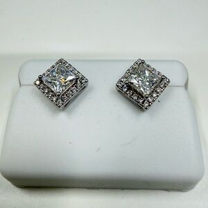 925 Sterling Silver Princess Cut Moissanite Halo Screw Back Studs 3.00 CTW